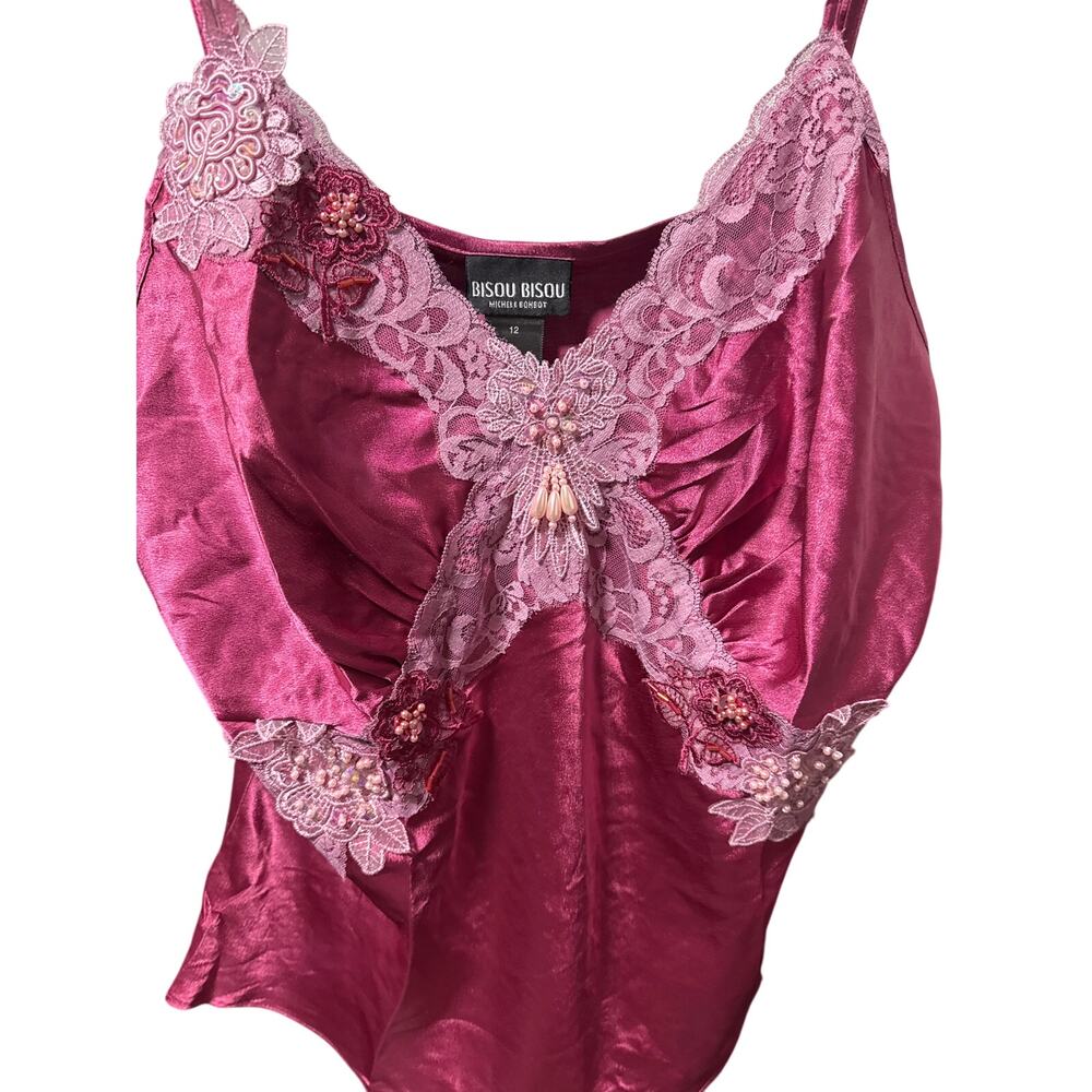 Bisou Bisou Vintage Camisole -Sz 12-Fairy Mermaidcore Satin Lace Beaded Top Y2K - Picture 5 of 12